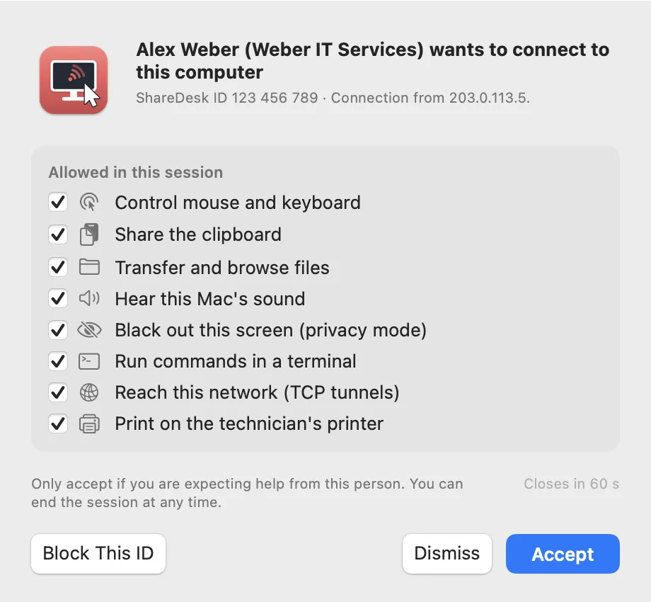 The connection request on the customer's Mac: who wants to connect and what they may do.