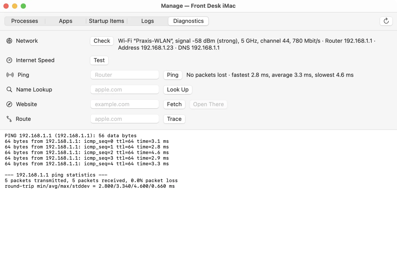 Netwerkdiagnose vanaf een externe Mac: het wifinetwerk en het resultaat van een controle van de verbinding met de router.