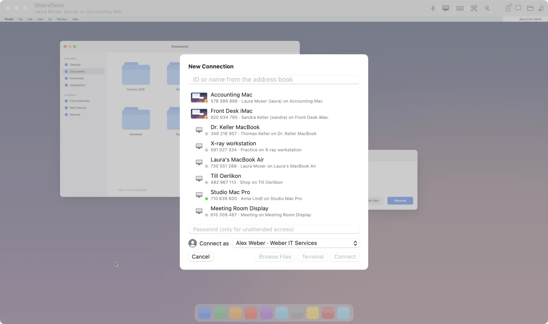 The New Connection sheet over a session: saved computers with their desktop pictures and online status.