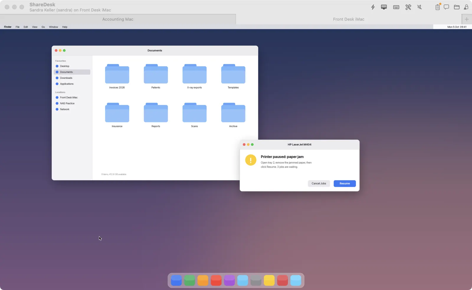 A session window: the toolbar with Monitors, Actions, Display, Keys, Tools, Sound, Notes, Chat, Files and Security above the remote screen.